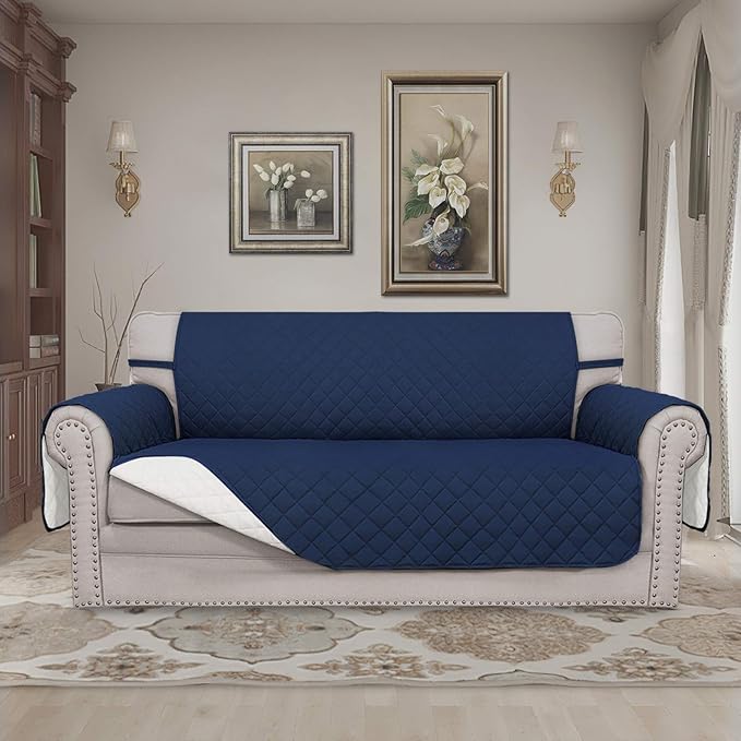 Easy-Going Sofa Slipcover Reversible Loveseat Sofa Cover Couch Cover for 2 Cushion Couch Furniture Protector with Elastic Straps for Pets Kids Dog Cat (Oversized Loveseat, Navy/Ivory)