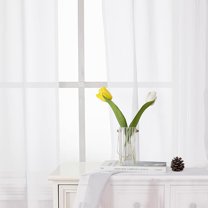 Lecloud White Sheer Curtains 90 Inches Long 2 Panels, Farmhouse Voile Window Drapes Rod Pocket, Elegant Airy Sheer White Curtains for Living Room Bedroom, Each Panel 42 X 90 Inch