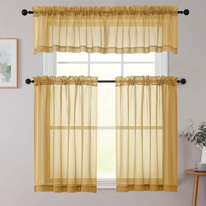 Cafe Curtains 36 Inch Length Tier 2 Pieces, Modern Soft Airy Sheer Kitchen Short Curtains for Small Window, Rod Pocket Small Curtain for Bathroom Basement, Gold, Each, 42" Wx36 L Inches
