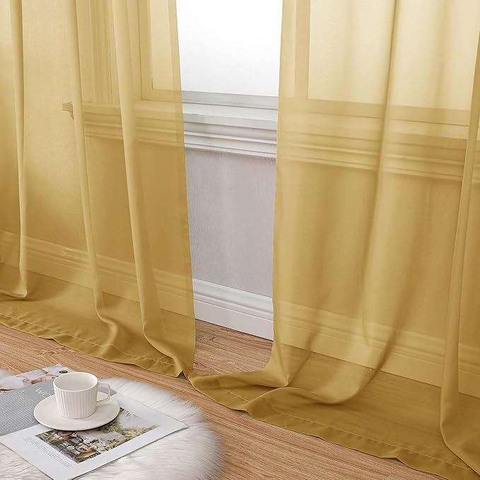 Sheer Gold Curtains for Bedroom Living Room 90 Inches Long 2 Panels Set, Soft Airy Light Filtering Sheer Window Treatments, Modern Rod Pocket Curtains Drapes, Each 42" Wx90 L Inch