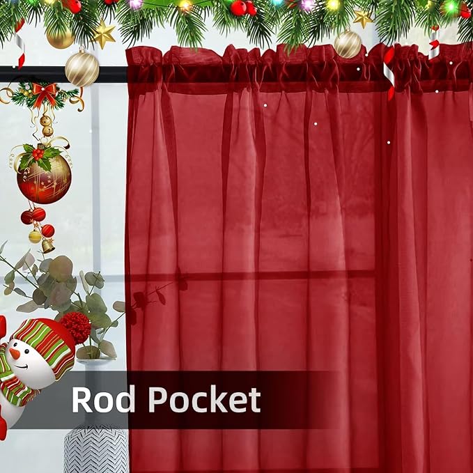 youleyar Solid Sheer Rod Pocket Curtain Voile Draperies 4 Panels White Beige Black Grey Ivory 52 Inch Width 96 Inch Long 1 Pair for Kitchen Bedroom Children Living Room Yard(Christmas Red,52 Wｘ96 L)