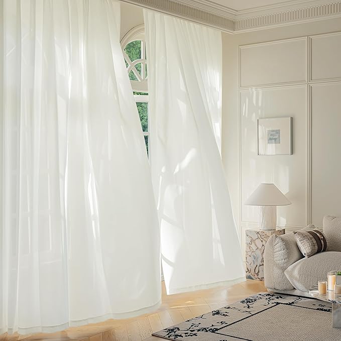 FMFUNCTEX Sheer Non-See-Through Netural Beige Curtains for Bedroom, Faux Silk That Let Light Curtains 63 inches Long Light Filtering Privacy Sheer Window Drapes for Living Room, Rod Pocket 2Panels Set