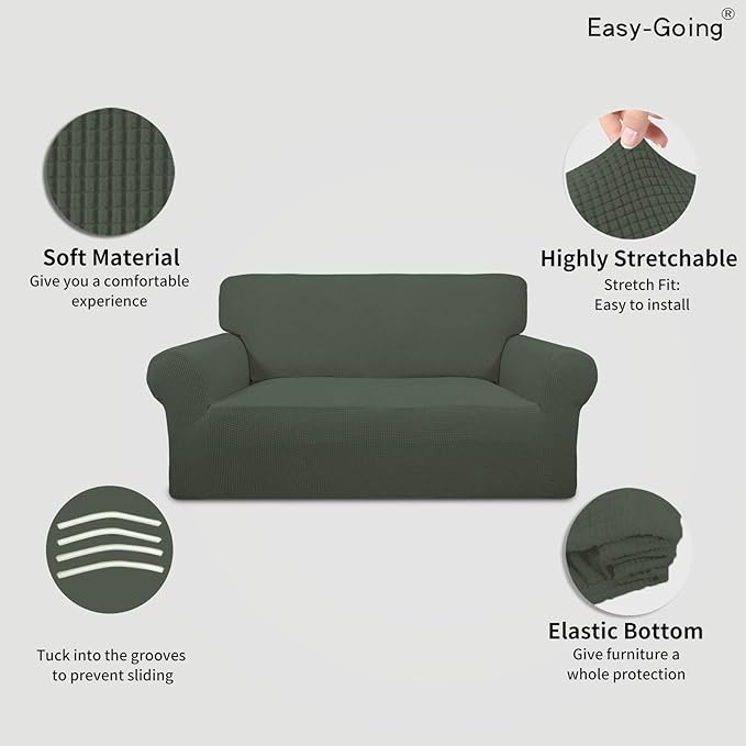 Easy-Going Stretch Loveseat Slipcover 1-Piece Sofa Cover Furniture Protector Couch Soft with Elastic Bottom for Kids Polyester Spandex Jacquard Fabric Small Checks (Loveseat, Olive Green)