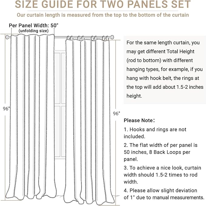 100% Blackout Shield Linen Blackout Curtains for Bedroom 96 Inches Long, Back Tab/Rod Pocket Living Room Drapes, Thermal Insulated Blackout Curtains 2 Panels Set, 50" W x 96" L, Black