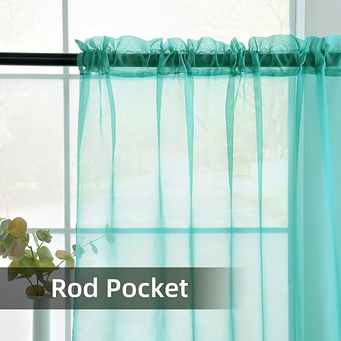 youleyar Solid Sheer Rod Pocket Curtain Voile Draperies 2 Panels White Beige Black Grey Coffee 52 Inch Width 63 Inch Long 1 Pair for Kitchen Bedroom Children Living Room Yard (Turquoise,52Wｘ63L)