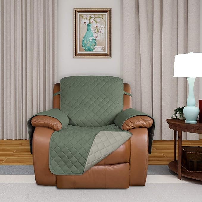 PureFit Reversible Quilted Sofa Cover, Water Resistant Slipcover Furniture Protector, Washable Couch Cover with Non Slip and Elastic Straps for Kids, Dogs (Oversized Recliner, Greyish Green/Beige)