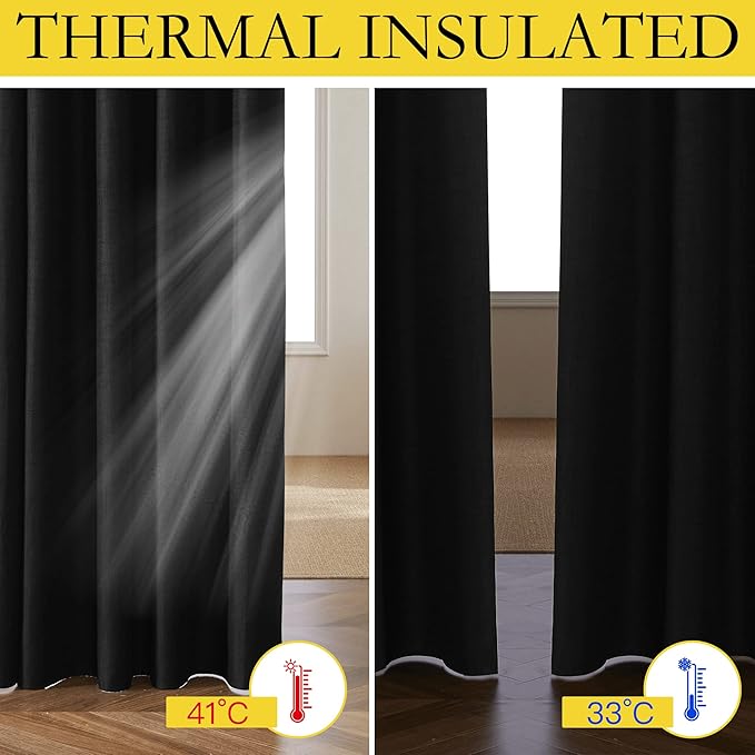 NICETOWN Vintage Open Linen Weave Flax Thermal Curtains, 100% Blackout Curtains 54" Long for Dining Room, Soundproof Window Treatment Drapes for Cafe, Black, 42" Wide Per Panel, Set of 2