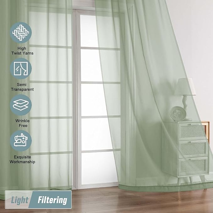 Extra Wide Sage Green Sheer Curtains 120 Inches Long, Extra Long Light Filtering Modern Patio Curtains for Sliding Glass Door, Rod Pocket Drapes for Living Room, 2x59Wx120L Inches, 10FT, 2PCS