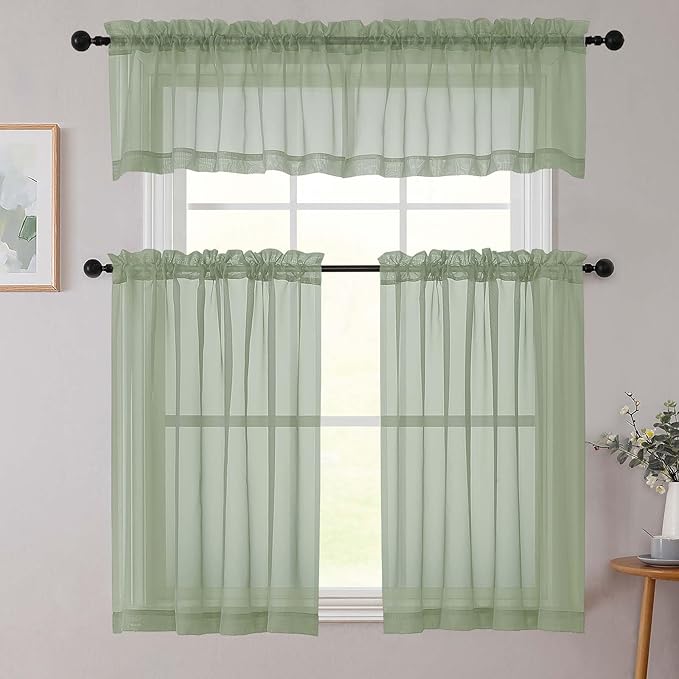 Kitchen Curtains 24 Inch Length Tier 2 Pieces, Sage Green Sheer Curtain Solid Soft Sheer Short Curtains for Windows, Cafe Bathroom Basement Rod Pocket Drapes, Sage Green, Each 42"Wx24"L Inch