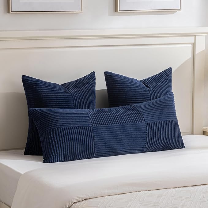 Fancy Homi 2 Packs Navy Blue Big Decorative Throw Pillow Covers 24x24 Inch for Living Room Couch Bed Sofa, Rustic Farmhouse Boho Home Decor, Soft Corss Corduroy Patchwork Accent Cushion Case 60x60 cm