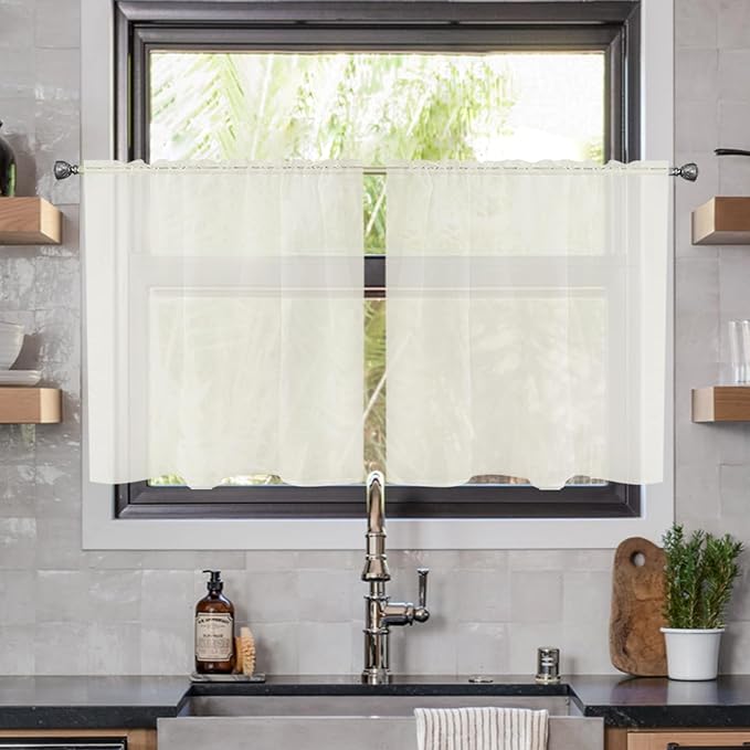 youleyar Solid Sheer Rod Pocket Curtain Voile Draperies 2 Panels White Beige Black Ivory Coffee 26 Inch Width 40 Inch Long 1 Pair for Kitchen Bedroom Children Living Room Yard(Ivory,26Wｘ40L)