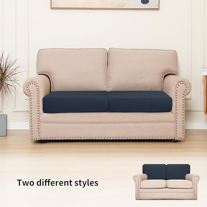 Easy-Going Stretch Individual Loveseat Couch Cushion Cover Sofa Cushion Furniture Protector Sofa slipcover Soft Flexibility with Elastic Bottom (2-Piece Loveseat Cushion Cover, Dark Blue)