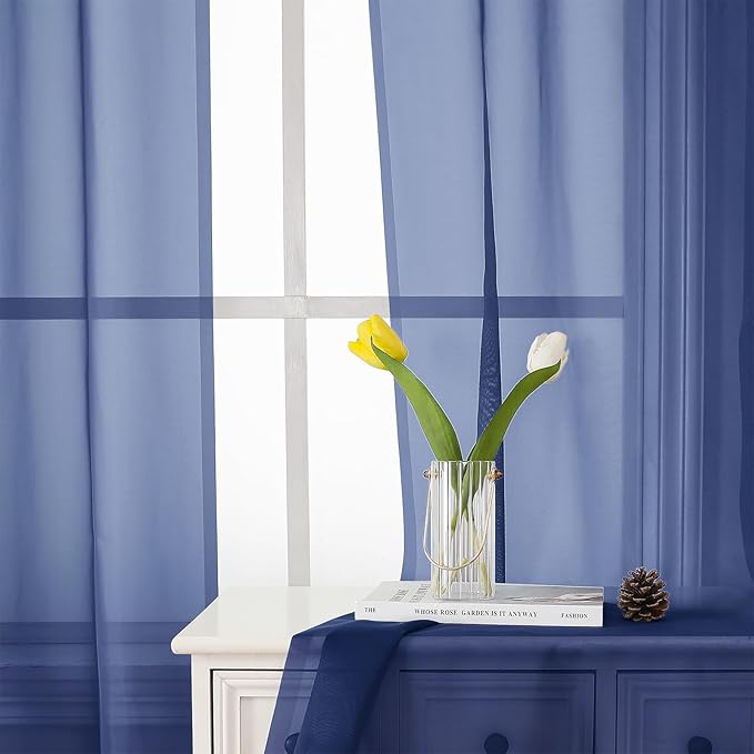 Lecloud Royal Blue Sheer Curtains 96 Inches Long 2 Panels, Farmhouse Voile Sheer Curtain for Windows, Soft Rod Pocket Transparent Curtains for Living Room Large Windows, Each Panel 42 X 96 Inch