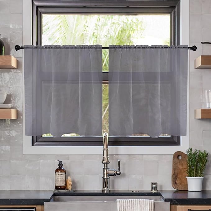 youleyar Solid Sheer Rod Pocket Curtain Voile Draperies 2 Panels White Beige Black Ivory Grey 26 Inch Width 40 Inch Long 1 Pair for Kitchen Bedroom Children Living Room Yard(Grey,26W x 40L)