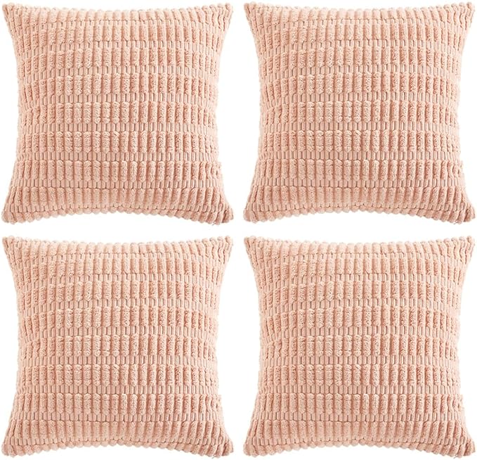 Fancy Homi 4 Packs Boho Pink Decorative Throw Pillow Covers 24x24 Inch for Living Room Couch Bed Sofa, Rustic Modern Farmhouse Home Decor, Soft Plush Corduroy Cute Square Cushion Case 60x60 cm
