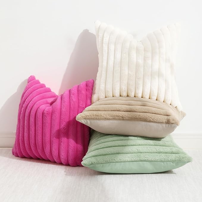 decorUhome Summer Cozy Faux Fur Throw Pillow Covers 16x16 Set of 2 Decorative Soft Plush Striped Modern Farmhouse Boho Couch Pillow Cases with Velvet Back for Sofa Bed Living Room, Sage Green