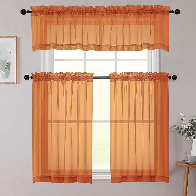 Orange Valances for Windows, Orange Sheer Curtains 14 Inch Length 2 Pack Kitchen Drapes, Modern Solid Mini Small Window Curtains for Cafe Bathroom Basement, Each 42" Wx14 L Inches