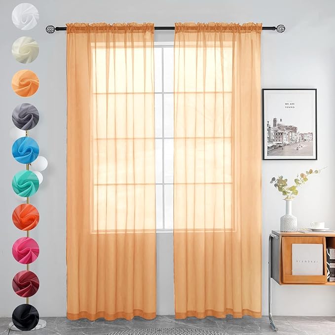youleyar Solid Sheer Rod Pocket Curtain Voile Draperies 2 Panels White Beige Black Grey Coffee 38 Inch Width 54 Inch Long 1 Pair for Kitchen Bedroom Children Living Room Yard(Beige,38Wｘ54L)
