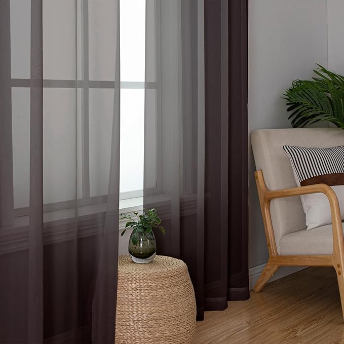 Lecloud Sheer Curtains 90 Inch Long 2 Panels, Chocolate Light Filtering Living Room Curtains Dual Rod Pocket, Airy Voile Sheer Curtain for Bedroom Large Window Treatments, Each Panel 42 X 90 Inch