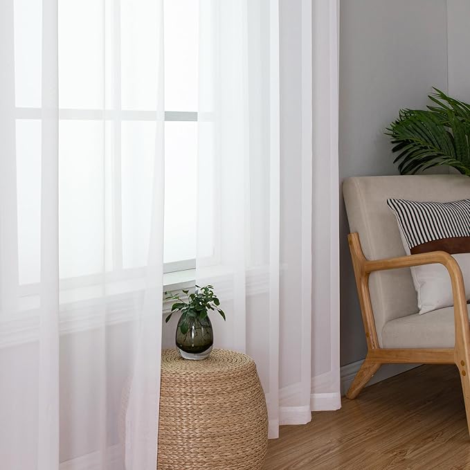 Lecloud Sheer Curtain Panels Set 96" Inches Long, Solid Voile Light Filtering Airy Curtains Window Treatment Drapes for Living Room, 2 Panels Elegant Bedroom Sheer Curtains, White, 40" Wx96 L