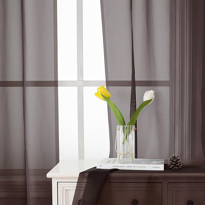 Lecloud Chocolate Sheer Curtains 36 Inch Length 2 Panels, Solid Voile Small Window Kitchen Curtains, Dual Rod Pocket Airy Gauzy Tiers for Bedroom, Each Panel 42 X 36 Inch