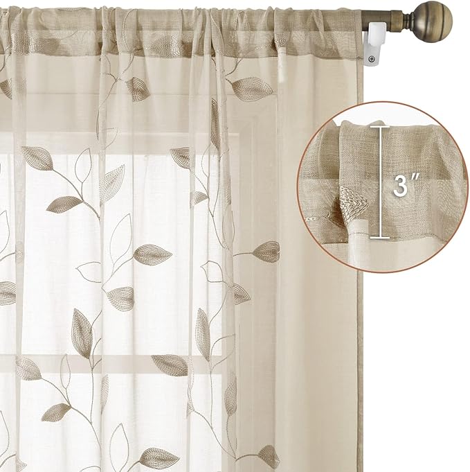 HOMEIDEAS Taupe Sheer Curtains 52 X 96 Inches Long 2 Panels Beige Embroidered Leaf Pattern Pocket Faux Linen Floral Semi Sheer Voile Window Curtains/Drapes for Bedroom Living Room