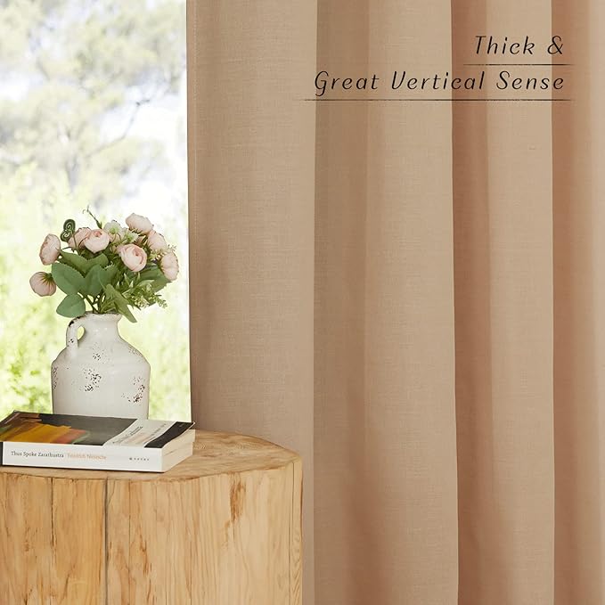 NICETOWN Linen Curtains for Windows 90 inch Long, Grommet Semi Sheer Vertical Drapes Privacy Added with Light Filtering for Doorway/Living Room, Camel, W42 x L90, 2 Pieces