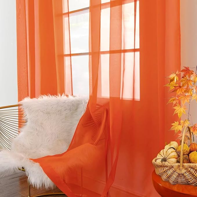 youleyar Solid Sheer Rod Pocket Curtain Voile Draperies 4 Panels White Beige Black Grey Ivory 52 Inch Width 63 Inch Long 1 Pair for Kitchen Bedroom Children Living Room Yard(Burnt Orange,52 Wｘ63 L)