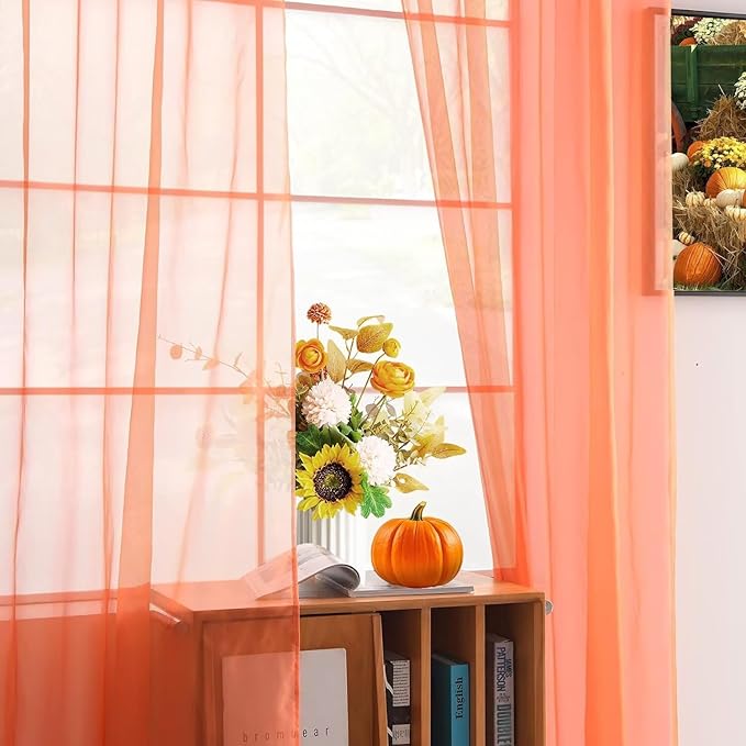 youleyar Solid Sheer Rod Pocket Curtain Voile Draperies 2 Panels White Beige Black Grey Coffee 52 Inch Width 72 Inch Long 1 Pair for Kitchen Bedroom Children Living Room Yard (Orange Red,52Wｘ72L)