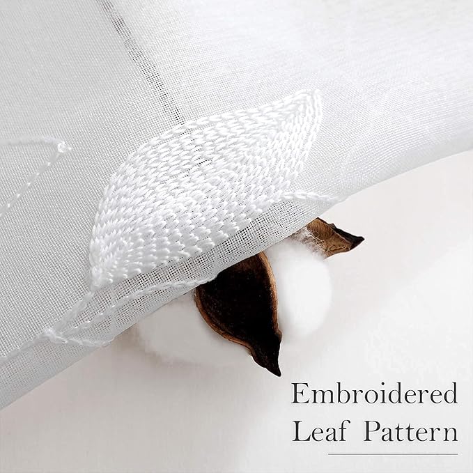 HOMEIDEAS White Sheer Curtains 52 X 84 Inches Long 2 Panels Embroidered Leaf Pattern Pocket Faux Linen Floral Semi Sheer Voile Window Curtains/Drapes for Bedroom Living Room