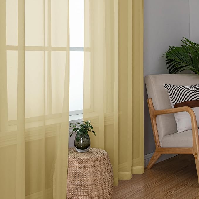 Simplebrand Gold Sheer Curtains, 63" Length, 2 Panels Set - Light Filtering, Rod Pocket Window Curtains for Bedroom (Gold, 59" W x 63" L)