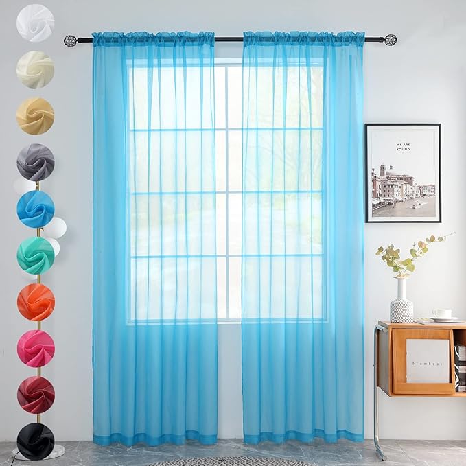 youleyar Solid Sheer Rod Pocket Curtain Voile Draperies 2 Panels White Beige Black Grey Coffee 52 Inch Width 54 Inch Long 1 Pair for Kitchen Bedroom Children Living Room Yard (Cyan Blue,52Wｘ54L)