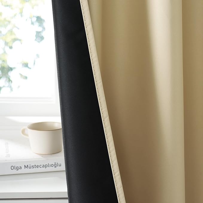 RYB HOME Bedroom Blackout Curtains 80 inches Long, 100% Blackout Thermal Insulated Noise Reducing Curtains for Living Room Nursury, 34 inches Wide by 80 inches Long, Biscotti Beige