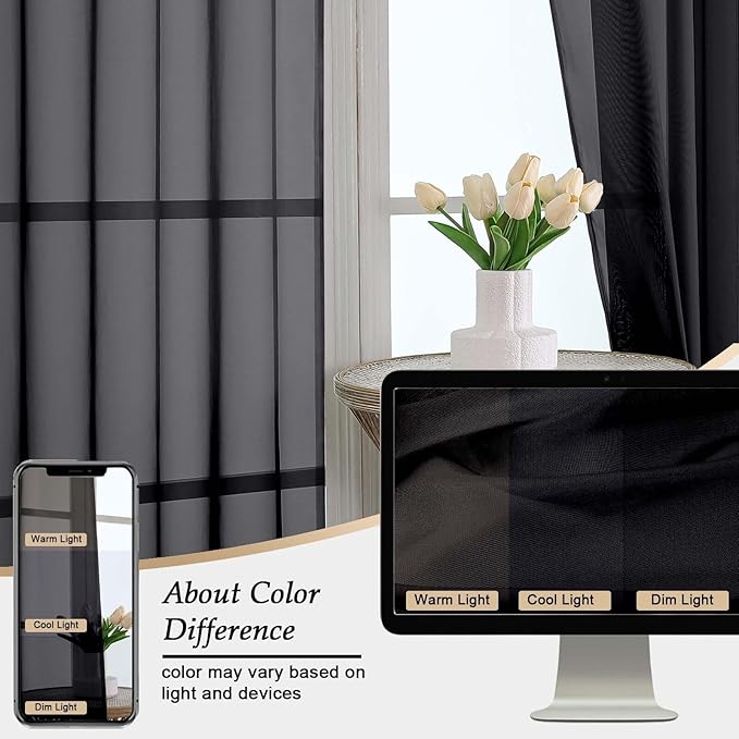 Extra Long Black Sheer Curtains for Bedroom Living Room 108 Inches Long 2 Panels Set, Solid Soft Light Filtering Rod Pocket Sheer Window Curtains, Black, Each 59" Wx108 L Inch