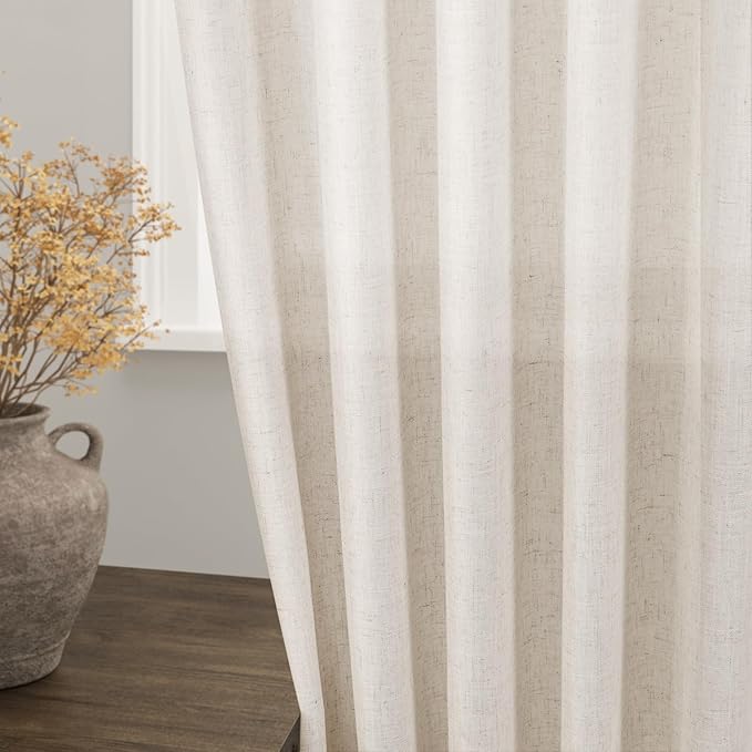 Beige Faux Linen Curtains 84 Inch Length 2 Panels for Bedroom Back Tab Pocket Semi Sheer Light Filtering Curtains Burlap Textured Farmhouse Curtain for Living Room Dining Room Aesthetic Decor 40x84