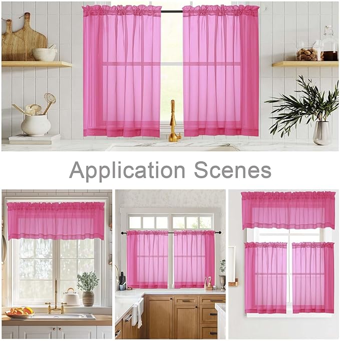 Kitchen Curtains 24 Inch Length Tier 2 Pieces, Hot Pink Sheer Curtain Solid Soft Sheer Short Curtains for Windows, Cafe Bathroom Basement Rod Pocket Drapes, Hot Pink, Each 42" Wx24 L Inches