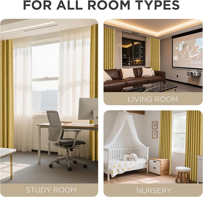 Joydeco Blackout Curtains for Bedroom - 100% Light Blocking 2 Panels Set Yellow Drapes 42" W x 96" L, Thermal Insulated Room Darkening Curtains, Linen Textured for Living Room, Rod Pocket & Back Tabs