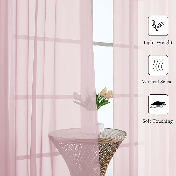 Lecloud Blush Pink Sheer Curtains 120 Inches Long 2 Pcs, Rod Pockets Voile Living Room Curtains for Bedroom Decor, Light Filtering Farmhouse Drapes for Dining Room, Each Panel 59" W x 120" L