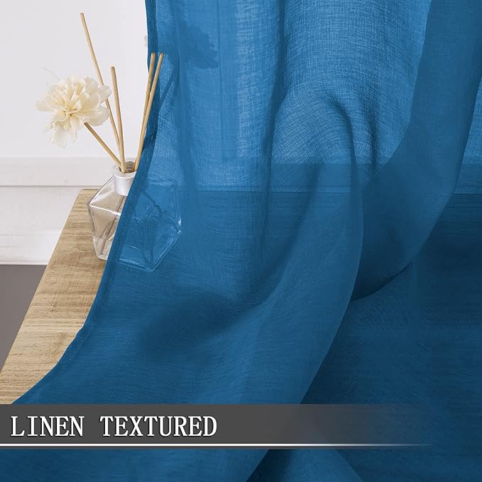 Tollpiz Short Sheer Curtain Linen Textured Living Room Curtains Sheer Light Filtering Rod Pocket Voile Curtain for Bedroom, 42 x 54 inches Long, Classic Blue, Set of 2 Panels