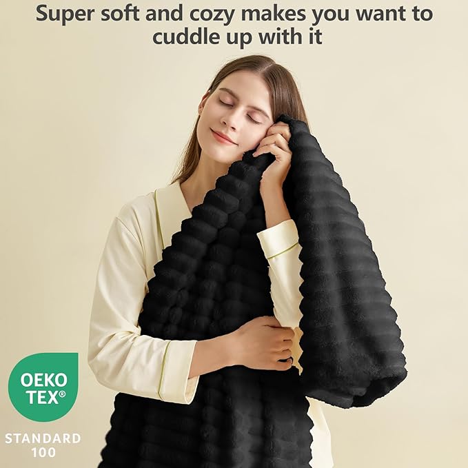 HIMEET Black Ribbed Throw Blanket for Couch - 300GSM Lightweight Soft Fleece Blanket for Women Men, Cozy Blankets for Mothers Gifts, Striped Spring Home Room Decor, Black, 50x60 Inches