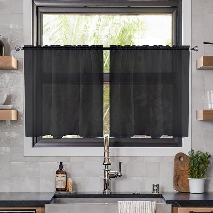 youleyar Solid Sheer Rod Pocket Curtain Voile Draperies 2 Panels White Beige Black Ivory Coffee 26 Inch Width 30 Inch Long 1 Pair for Kitchen Bedroom Children Living Room Yard(Black,26Wｘ30L)