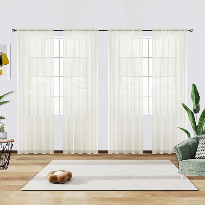 youleyar Solid Sheer Rod Pocket Curtain Voile Draperies 4 Panels Ivory Beige Black Grey Coffee 52 Inch Width 54 Inch Long 1 Pair for Kitchen Bedroom Children Living Room Yard(Ivory,52Wｘ54L)