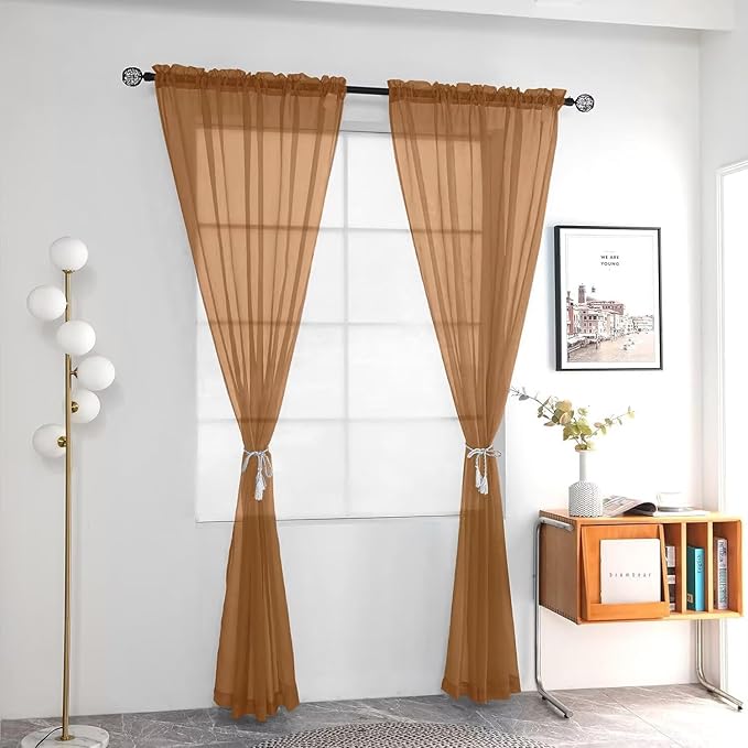youleyar Solid Sheer Rod Pocket Curtain Voile Draperies 2 Panels White Beige Black Grey Ivory 52 Inch Width 108 Inch Long 1 Pair for Kitchen Bedroom Children Living Room Yard (Light Brown,52Wｘ108L)