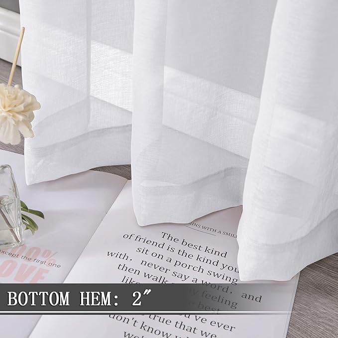 Tollpiz Short Sheer Curtains Living Room Linen Textured Curtain Sheers Light Filtering Voile Rod Pocket Curtains for Bedroom, 38 x 45 inches Long, White, Set of 2 Panels