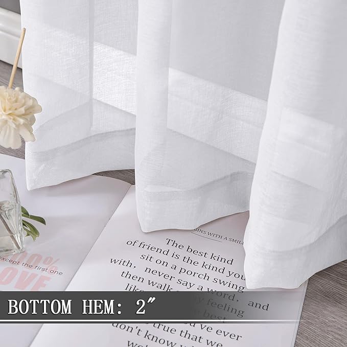 Tollpiz Short Sheer Curtain Linen Textured Bedroom Curtains Sheer Light Filtering Rod Pocket Voile Curtain for Living Room, 54 x 54 inches Long, White, Set of 2 Panels