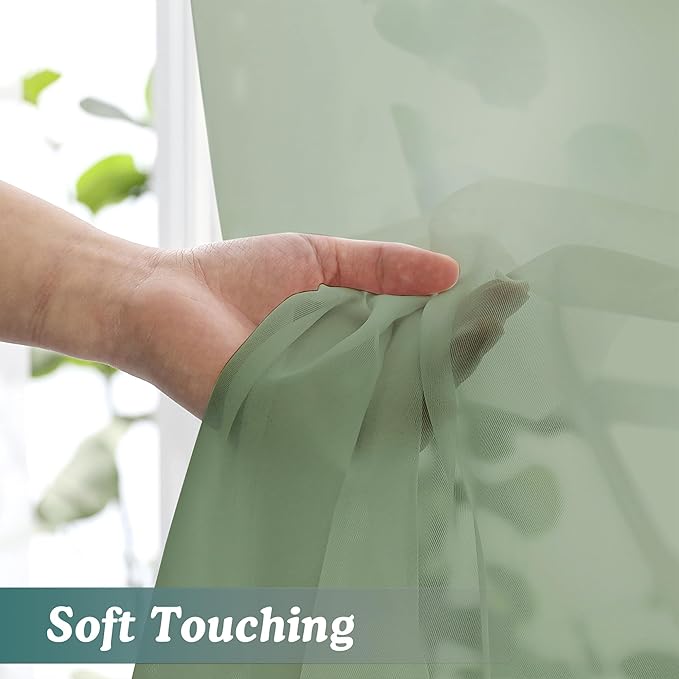 Chyhomenyc Sage Green Sheer Curtains 96 Inches Long 2 Panels, Light Filtering Green Curtains for Living Room, Soft Gentle Voile Rod Pocket Bedroom Window Drapes, 59Wx96L Inch, 2PCS