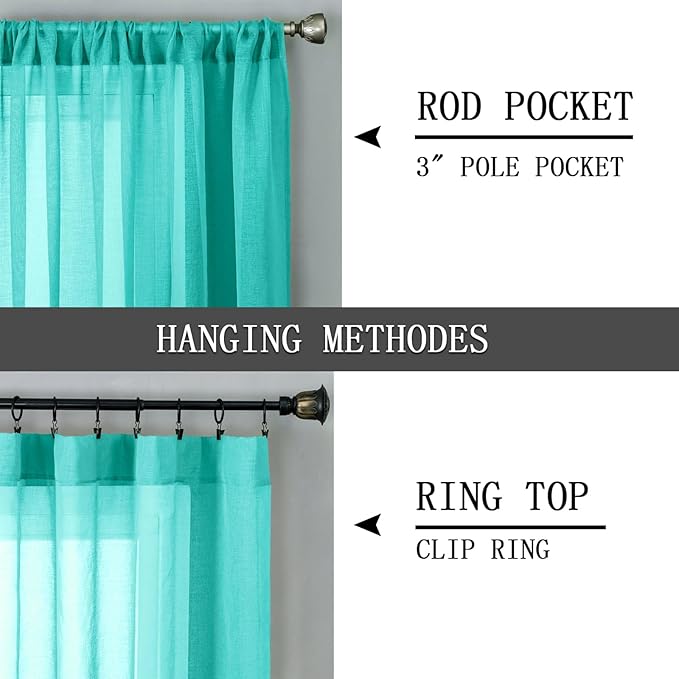 Tollpiz Sheer Curtains Bedroom Linen Textured Curtain Sheers Light Filtering Voile Rod Pocket Curtains for Living Room, 38 x 84 inches Long, Aqua Blue, Set of 2 Panels