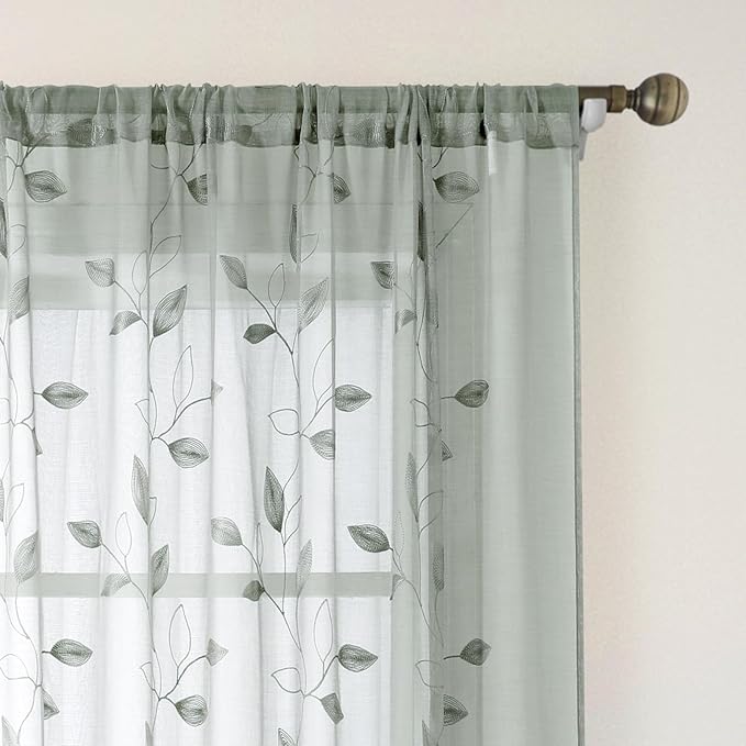 HOMEIDEAS Sage Green Sheer Curtains 52 X 96 Inches Long 2 Panels Embroidered Leaf Pattern Pocket Faux Linen Floral Semi Sheer Voile Window Curtains/Drapes for Bedroom Living Room