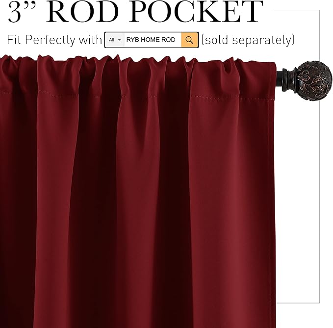 RYB HOME 54 inch Blackout Curtains for Living Room, Rod Pocket Thermal Insulated Small Window Drapes Room Darkening Shades for Bedroom Studio Dorm, W 42 x L 54 inch, Set of 2 Panels, Burgundy Red