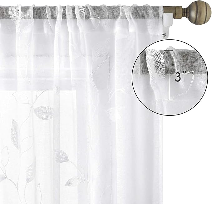 HOMEIDEAS White Sheer Curtains 52 X 96 Inches Long 2 Panels Embroidered Leaf Pattern Pocket Faux Linen Floral Semi Sheer Voile Window Curtains/Drapes for Bedroom Living Room